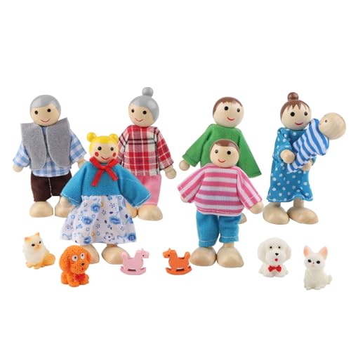 UYUYong 13 Stück Puppenhaus Puppen Holz Familienpuppen Spielset Biegepuppen Puppenhäuser Figuren mit Hund Katzenfiguren und Schaukelpferd Familie für Puppenfamilien Mitglieder Spielzeug Geschenk von UYUYong