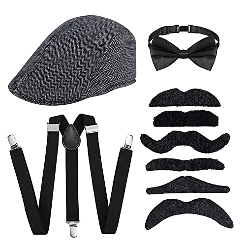 UYUYong 20er Jahre Herren Accessoires Gatsby Kostüm Herren Hosenträger + Herren Baskenmütze + Party Bart-Dressup Mafia Kostüm Zubehör Set Maskerade Kostüm für Halloween Karneval Party von UYUYong