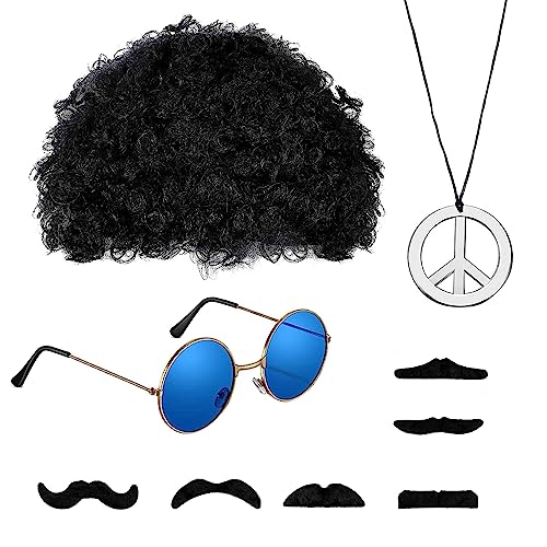 UYUYong Hippie Kostüm Set 70er Jahre Bekleidung Herren Hippie Mode Afro Perücke Sonnenbrille Peace Kette Bart für Herren & Damen 60er 70er Mode Thema Party Karneval von UYUYong