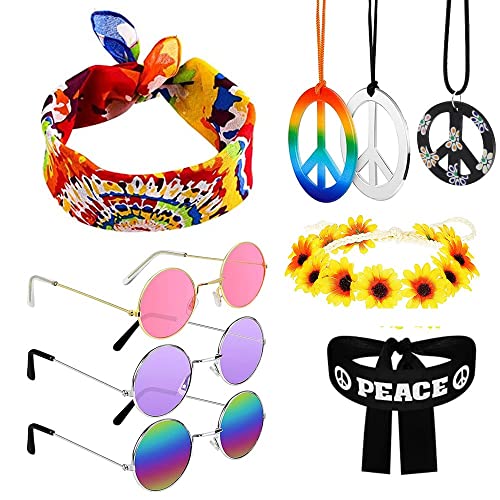 UYUYong Hippie Kostüm Set Retro Hippie Accessoires Herren Damen Runde Sonnenbrille Peace Zeichen Halskette Halskette Sonnenblumen und Buntes Hippie Stirnband für 70er 80er Mode Thema Party von UYUYong