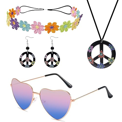 UYUYong Hippie Kostüm Set Retro Hippie Accessoires Hippie Deko Herren Damen Herz Sonnenbrille Peace Zeichen Halskette Ohrringe Hippie Kranz Stirnband für 60er 70er 80er Thema Party Halloween von UYUYong