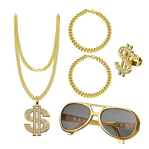 UYUYong Zuhälter Kostüm Set 80er Jahre Kostüm Goldene Dollar Kette & Gold-Armband Ring Brille Persönlichkeit Hip Hop Kostüm Kit Herren 80er 90er Rapper Kostüm für Maskerade Halloween Cosplay von UYUYong