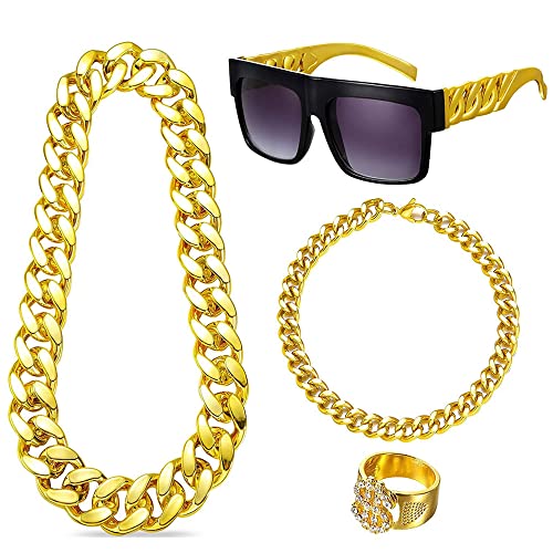 UYUYong Zuhälter Kostüm Set 80er Jahre Kostüm Goldene Dollar Kette & Gold-Armband Ring Brille Persönlichkeit Hip Hop Kostüm Kit Herren 80er 90er für Faschingszubehör Mottopartys Cosplay von UYUYong