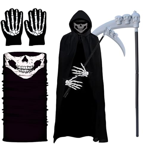 Sensenmann Kostüm, Halloween Kostüm Herren, Totenkopf Maske Set, Halloween Sensemann Umhang, Grauer Geisterkopf Sichel und Handschuhe, für Kinder Halloween Dekoration,Cosplay,Karneval(120-150cm) von UZNIYTR