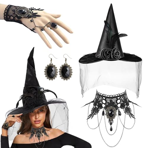 UZNIYTR Halloween Hexen Hut, Hexenhut mit Fledermaus, Halloween Hut Schwarz Hexen Hut Fledermaus hut Hexen Accessoires Kostüm Zubehör Walpurgisnacht Halloweenhut Spitzhut Karnevalshut von UZNIYTR