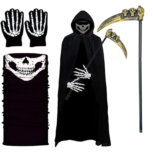 UZNIYTR Sensenmann Kostüm, Sensenmann Reaper Umhang mit Sense, Skelett Handschühe Totenkopf Maske Halloween Umhang mit Kapuze, für Halloween Dekoration,Cosplay,Karneval(150cm) von UZNIYTR