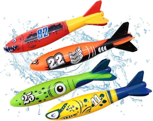 Uadme Tauchspielzeug für Kinder, 4 Stück Unterwasser Tauchspielzeug Set, Tauchtorpedo Pool Spielzeuge für Kinder, Jungen, Mädchen, Entwickeln Sie Unterwasserfähigkeiten und Selbstvertrauen von Uadme