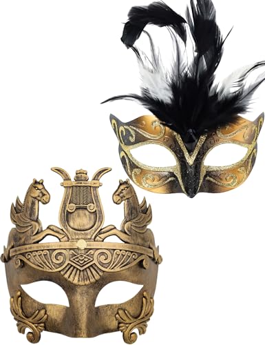 Ubauta Goldfeder-Frauen-Maske & griechische Krieger-Männer-Maske venezianische Maskerade-Paar-Masken, für Karneval/Party/Ball Prom von Ubauta