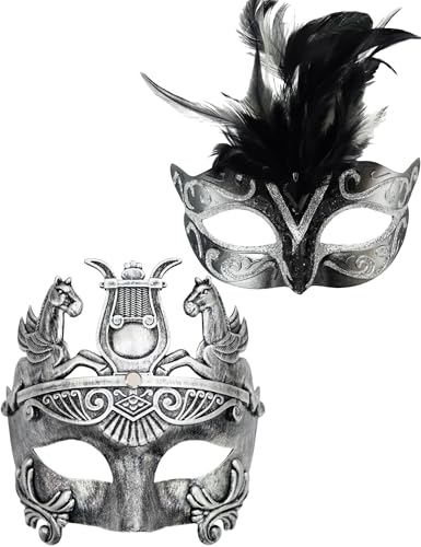 Ubauta Silberne Feder-Frauen-Maske & griechische Krieger-Männer-Maske venezianische Maskerade-Paar-Masken, für Karneval/Party/Ball-Abschlussball von Ubauta