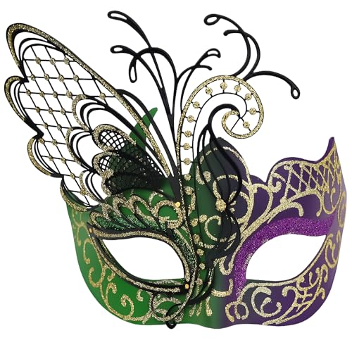 Ubauta Venezianische Maskerade Maske Damen Funkelnder Schmetterling Perfekt für Halloween Karneval Party Ball Karneval Cosplay Hochzeit Lila Grün Gold von Ubauta