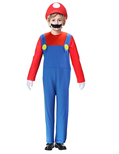 Ubaywey Boys' Carnival Costume Plumber Children's Bodysuit Cosplay Fancy Dress Halloween Jumpsuit Costume Set Cap Glove and Beard von Ubaywey