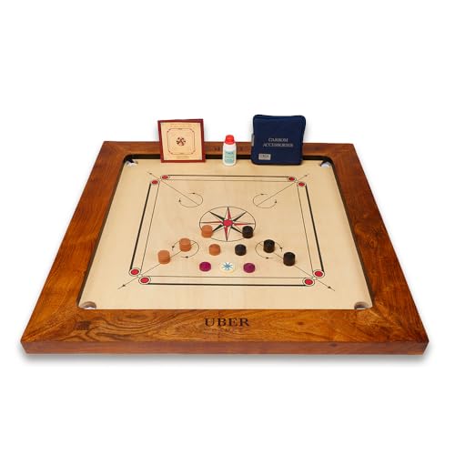 Uber Games Bulldog Carrom Board Set - 94.0 cm x 94.0 cm Offizielle Größe Spielbrett inkl. Zubehör in der Tasche - Hartholzkanten für besseren Rückprall - Hergestellt in Indien von Uber Games