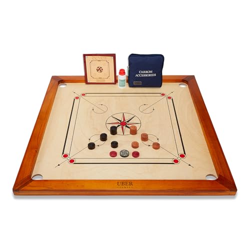 Uber Games – Premium Carrom Board Set – 78x78cm Offizielles Spielbrett mit 24 Holz-Münzen, 1 Acryl-Münze, 30g Pulver und Regelheft – Made in India (Brett+Tasche) für 2-4 Spieler ab 12 Jahren von Uber Games