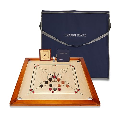 Uber Games Carrom-Set – jetzt mit härteren Kanten für besseren Rückprall, preiswerte Carrom-Bretter mit Mangoholzkanten und einer 4 mm dicken, polierten Mangoholz-Spielfläche. Wiegt 7 kg, hat eine Ges von Uber Games