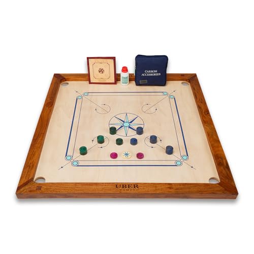 Uber Games Premium Carrom Board Set - Limited Edition - 83,8 x 83,8 cm Spielbrett in offizieller Größe inklusive Carrom Men, Striker & Powder - Hartholzkanten für besseren Rückprall - Hergestellt in von Uber Games