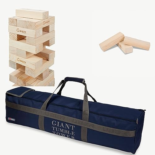 Ubergames Wackelturm XL Spiel Aus ECO echt hart Holz - 22kg-28kg - Top Qualität Stapelturm- Blockenspiel bis zu 150cm- Made in Indien - in Luxus Tragetasche von Ubergames