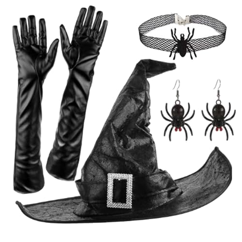 Ubxvamm Halloween Hexenkostüm Hut Handschuhe Ohrringe Choker Set Party Hut geraffte Zauberer Hut Unisex Hexe Cosplay Kostüm Set von Ubxvamm