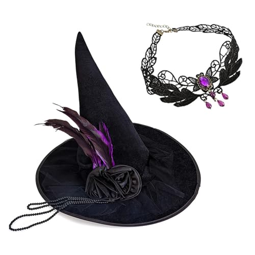 Ubxvamm Hexenhut und Strass Halskette Set Damen Halloween Hut Rosen Deko Hut für Mottoparty und Feier von Ubxvamm