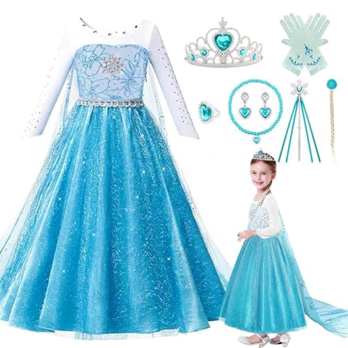 ELSA Kostüm Mädchen, ELSA Kinder Prinzessin Kleid 6-teiliges Set mit Krone Diadem Handschuhe Zauberstab usw für Halloween Weihnachten Verkleidung Karneval von UdaCa