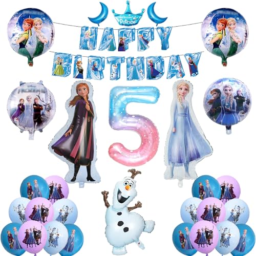 UdacA Frozen Party Luftballons, 25 Stück Luftballons Gefrorene, Eis und Schnee Deko Kindergeburtstag Ballons mit Happy Birthday Banner für Kindergeburtstag Deko 5. Geburtstag von UdacA