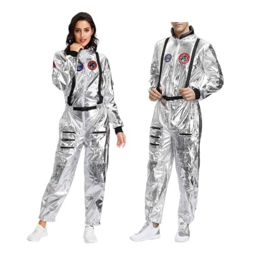 Udbeksid Astronaut Kostüm für Damen und Herren, Silber Space Outfit, Weltall Kostüm, Raumfahrer Overall für Karneval, Fasching und Halloween(01 Silver,L) von Udbeksid