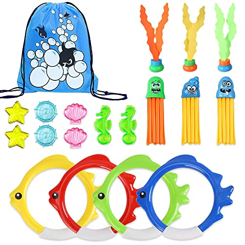 Udbrud 19 Stück Tauchringe für Kinder, Pool Spielzeuge Fisch Form Tauchringe Seetang Oktopus Tauchjuwel Spielzeug Unterwasser Tauchen Spielset mit Drawstring Tasche für Kinder Jungen Mädchen von Udbrud