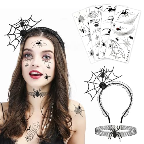 Udbrud Halloween Spinne Haarreifen, Halloween Spinne Haarband mit Halsketten, Spinnweben Stirnband Spinne Accessoires Kopfschmuc Halloween Kostüm Zubehör für Halloween Kostüm Cosplay Party von Udbrud