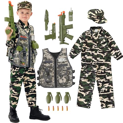 Udekit Armee-Uniform, Cosplay-Kostüm, Soldaten-Outfits mit Uniform, taktischer Weste, Granate, Säbel, Kugel, Gegensprechanlage und anderes Zubehör für Kinder von 4 bis 6 Jahren von Udekit