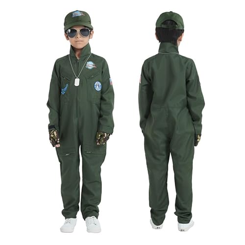 Udekit Piloten kostüm für Kinder, Kampfflugzeug Pilot Cosplay Kostüm mit Mütze, Brille, Handschuhen, Anhänger für Halloween Karnevals Party für Kinder 5 bis 6 von Udekit