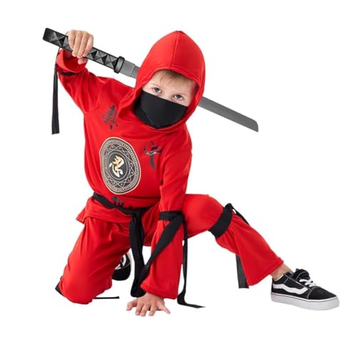 Udekit Rotes Ninja Kostüm mit Kapuze, Hose, Bändern und Spielzeug Schwert für Kinder Halloween Cosplay Party für 2 bis 4 von Udekit