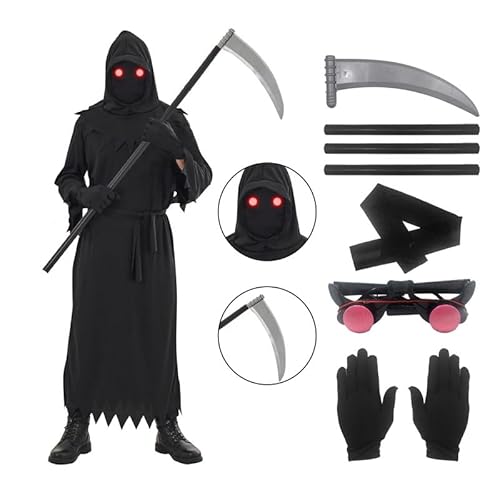 Udekit Sensenmann Kostüm Karneval Halloween Grim Reaper Cosplay Kostüm mit Todessense Handschuhe Leuchtende Gläserund Maske für Erwachsene Klein von Udekit