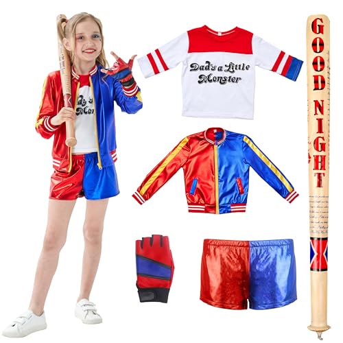 Udekit Superheld Cosplay-Kostüm mit T-Shirt, Jacke, Hose, Handschuhen, Weicher PVC-Baseballschläger für Harley Kleinkinder, Kinder, Mädchen Klein von Udekit