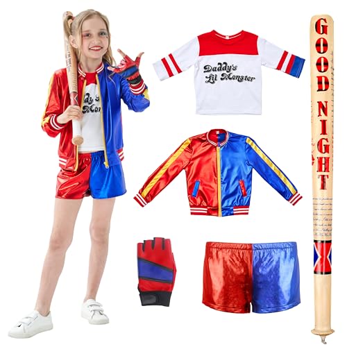 Udekit Superheld Cosplay-Kostüm mit T-Shirt, Jacke, Hose, Handschuhen, Weicher PVC-Baseballschläger für Harley Kleinkinder, Kinder, Mädchen Klein von Udekit