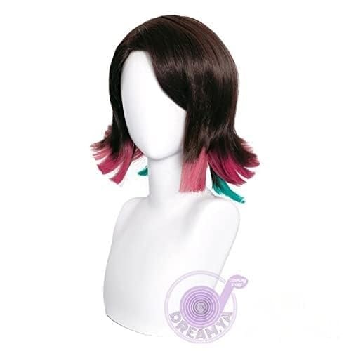 2025 Wig Anime Cosplay Braun Rosa Grün Gemischte Kunsthaar Cosplay Perücke Enmu Cosplay Perücke Party Karneval + Perückenkappe von Uearlid