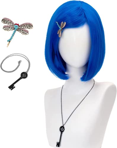 2025 Wig Anime Cosplay Coraline Perücke, hellblaue Perücken mit Pony for Mädchen, Kurze Bob-Perücke, Cosplay-Kostüm, Halloween-Party, Weihnachten, Karneval + Perückenkappe von Uearlid