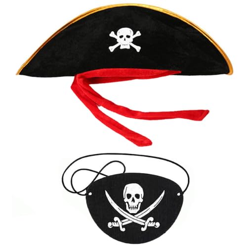 Ueeqito 2 Stuck Pirate Hut Kapitän Hut Karibik Fancy Kleid Pirate Cosplay Hut Prop für Halloween Maskerade Party Hut mit Augenklappe (Schwarz & Rot) von Ueeqito