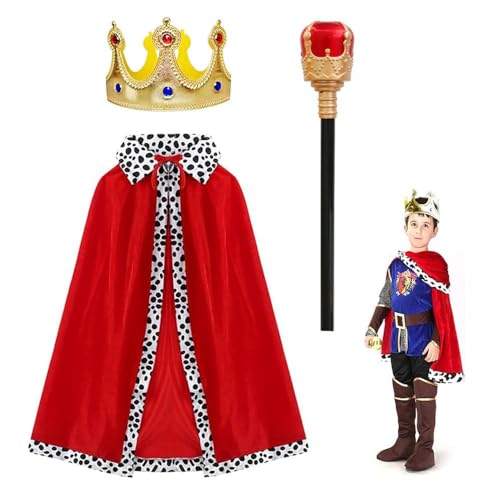 Ueeqito 3 Stucks Prinz Umhang Junge König Umhang Königsmantel mit Krone und Prinzenzezepter, Prinz Kostüm für Prinzenparty, Cosplay, Halloween, Kindertag, Karneval, Einheitsgröße, 90cm (Rot+Gold) von Ueeqito