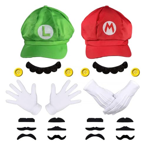 Ueeqito Mario Luigi Kostüm Accessories Mütze Hut Handschuhe Bart gelbe Knöpfe Faschingkostüme Karneval Mottoparty Halloween Cosplay für Kinder Damen Herren (Rot+Grün) von Ueeqito