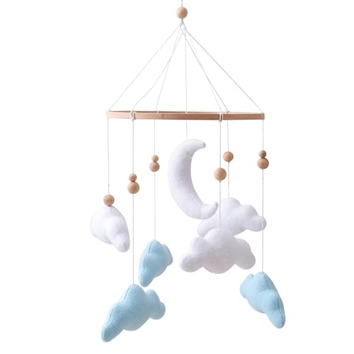 Ueiwffzo 3D Wolken Mobiles Baby, Babybett Mobile Hölz, Mond Filz Windspiele Baby Mobile Wickeltisch Anhänger Baby Für Neugeborene Geschenk Jungen Mädchen Kinderwagen Charms (Blau) von Ueiwffzo