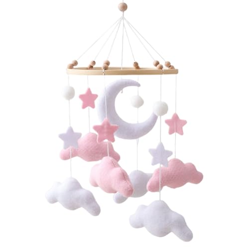 Ueiwffzo 3D Wolken Mobiles Baby, Babybett Mobile Hölz, Mond Filz Windspiele Baby Mobile Wickeltisch Anhänger Baby Für Neugeborene Geschenk Jungen Mädchen Kinderwagen Charms (Rosa) von Ueiwffzo