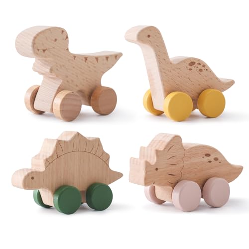 Ueiwffzo Dinosaurier Holzautos Kinder Holzspielzeug, Spielzeugautos für Babys und Kinder, Dinosaurier Holzautos mit Rädern (4 Pcs-(A+B+C+D)) von Ueiwffzo