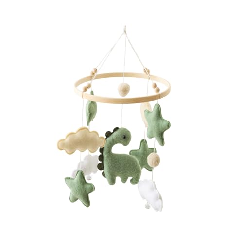 Ueiwffzo Holz Mobile Baby Windspiel Babybett, Dinosaurier Hängende Bettglocke Holz mit Filzbällen, Anhänger Babybett Mobile Windspiel für Babyzimmer Jungen Mädchen Geschenk (A) von Ueiwffzo