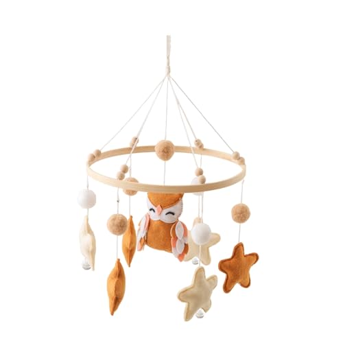 Ueiwffzo Mobile Baby - Holz Mobile für Babybett, Windspiel Baby, Eulen & Sterne Design - Hängende Mobile Baby Windspiele Attraktive Dekoration für Babyzimmer Deko (Curry) von Ueiwffzo