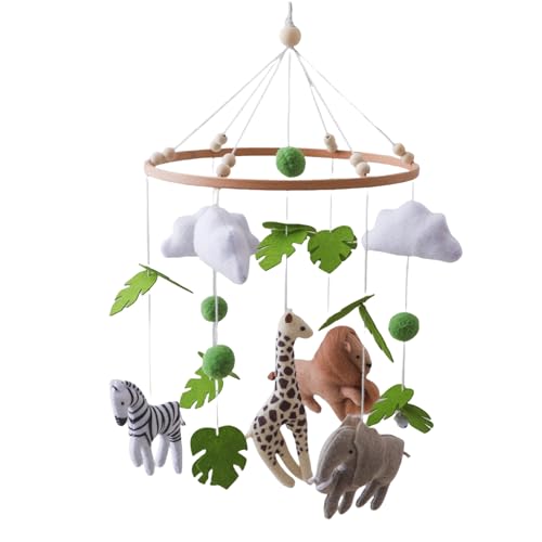 Ueiwffzo Mobile Baby Windspiele Dinosaurier mit Wolken Babybett Mobile Windspiele mit Filzbällen, Hängende Mobile Windspiel für Babybett Kinderbett, Neugeborenen Geschenk (Dschungel Tiere) von Ueiwffzo