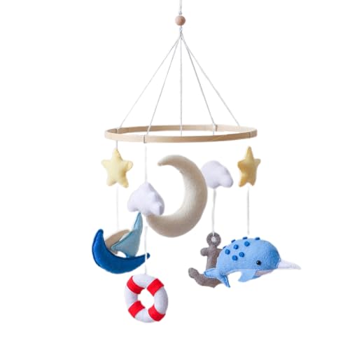 Ueiwffzo Mobile Baby Windspiele Dinosaurier mit Wolken Babybett Mobile Windspiele mit Filzbällen, Hängende Mobile Windspiel für Babybett Kinderbett, Neugeborenen Geschenk (Mond und Wal) von Ueiwffzo