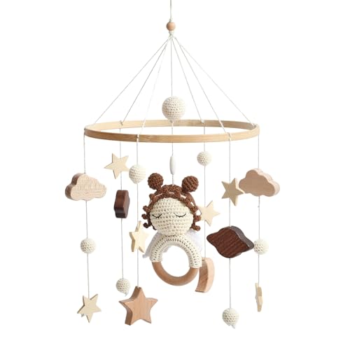 Ueiwffzo Mobile Baby Windspiele Wolken Sterne Mädchen Hölz Hängende Bettglocke, Mobile Baby Kinderzimmer Windspiele mit Filzbällen, Neugeborenen Geschenk (A) von Ueiwffzo