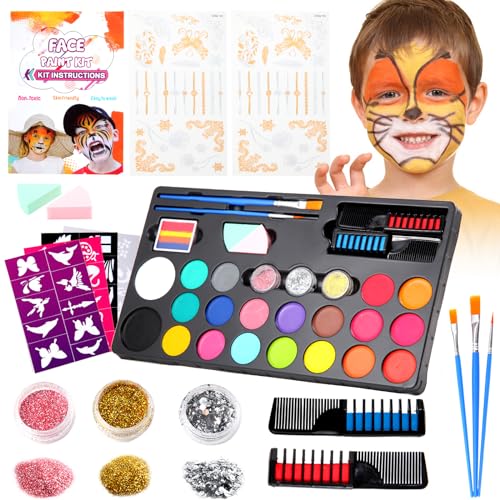 Ugmic Kinderschminke Set, 20 Farben Wasserbasis,38Pcs Ungiftige Kinderschminke,Haarkreiden Pinsel Körperfarben Kinderschminke Set Mädchen für Halloween Karneval Make-up Face Paint von Ugmic