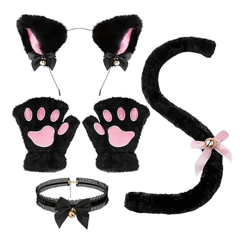 Uhngw Katzenkostümzubehör,Katzenohren- und Schwanzset - Katzenohren-Haarspangen-Kostümset mit Glöckchenhalsband - Flauschige Kostüme, Cosplay-Zubehör, Party-Kleidungsset für Halloween-Karneval von Uhngw