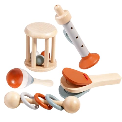 Uhngw Musikinstrumente aus Holz, Spielzeug, Musikinstrumente für Kinder,Rhythmus-Musikinstrument - Handkastagnetten, Trompete, Maracas-Shaker, Rasselrolle, Ringrassel, Vorschulmusikspielzeug für von Uhngw