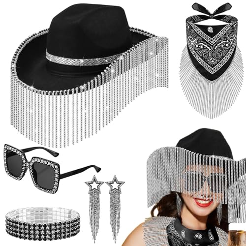 Uhngw Strass Cowboyhut Set,Cowgirl Hut Bling Set - 5X Disco-Cowboyhut-Set | Disco-Accessoires für Frauen, Cosplay, Halloween, Sonnenbrille, Bling-Armband, Quaste, Ohrringe, Bandana-Set von Uhngw